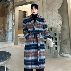 Autumn Winter Men Korean Streetwear Fashion Loose Casual Vintage Plaid Long Wool Trench Coat Male Windbreak Jacket Overcoat