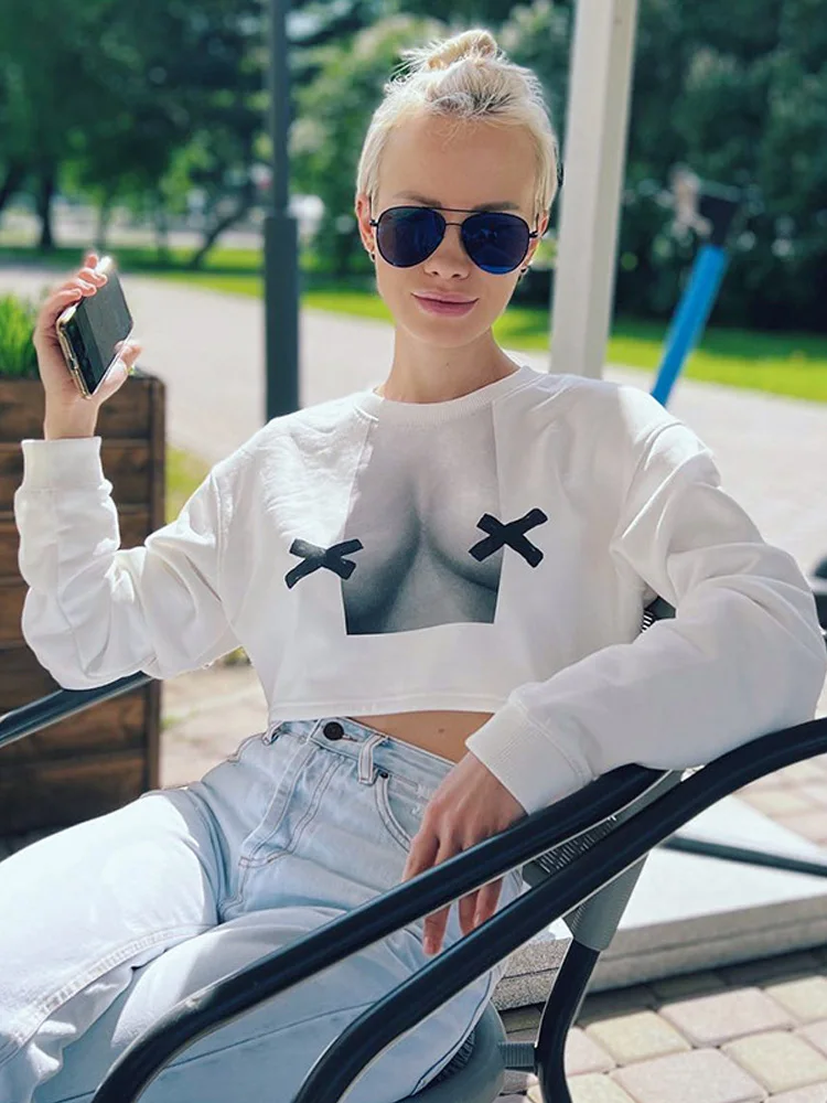 Y2k White Sexy Prints Loose Short Sweatshirt For Women Tops Streetwear Spice Girls Pullovers Long Sleeve O-Neck K Pop Clothes