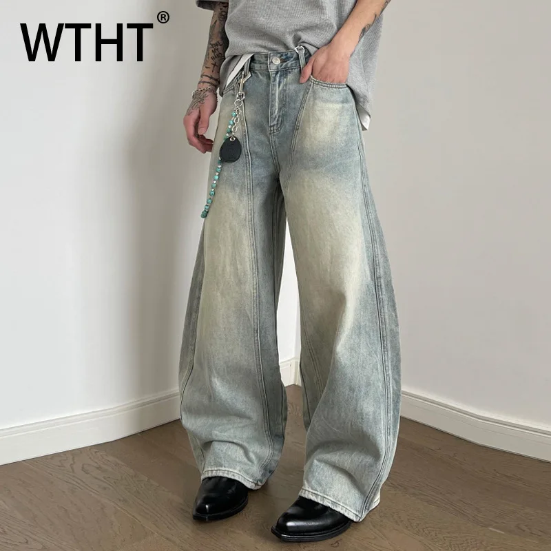 

WTHT Fashion 2025 Summer Men's Gradient Do Old Loose Denim Pants Vintage New High Street Wide Leg Straight Jeans Male 2A1330