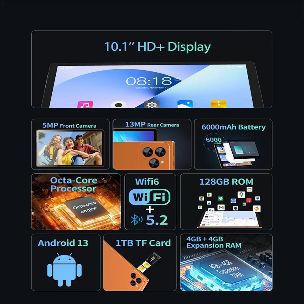 Novos Tablets de 10,1 Polegadas 2026 com Chamada 4G, Dual SIM, Câmeras Duplas, 8GB+128GB, Bluetooth 4.0, Wi-Fi, Tablet PC Android 13