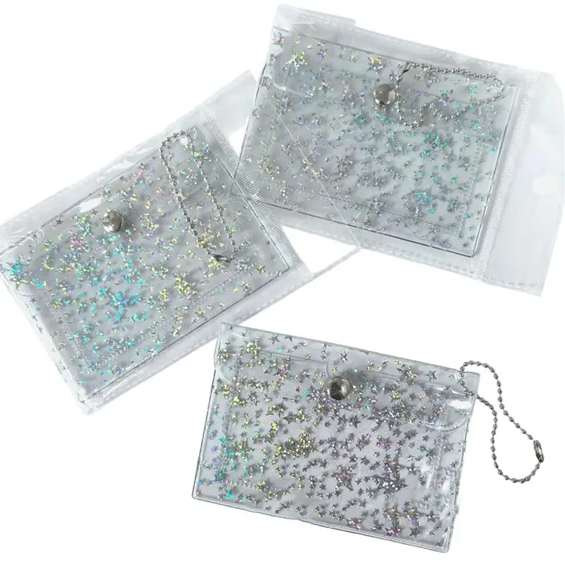 New#1Pcs Star Glitter Clear PVC Card Holder Mini Snap Coin Purse With Bead Chain Keyring For ID Card Daily Storage Gift