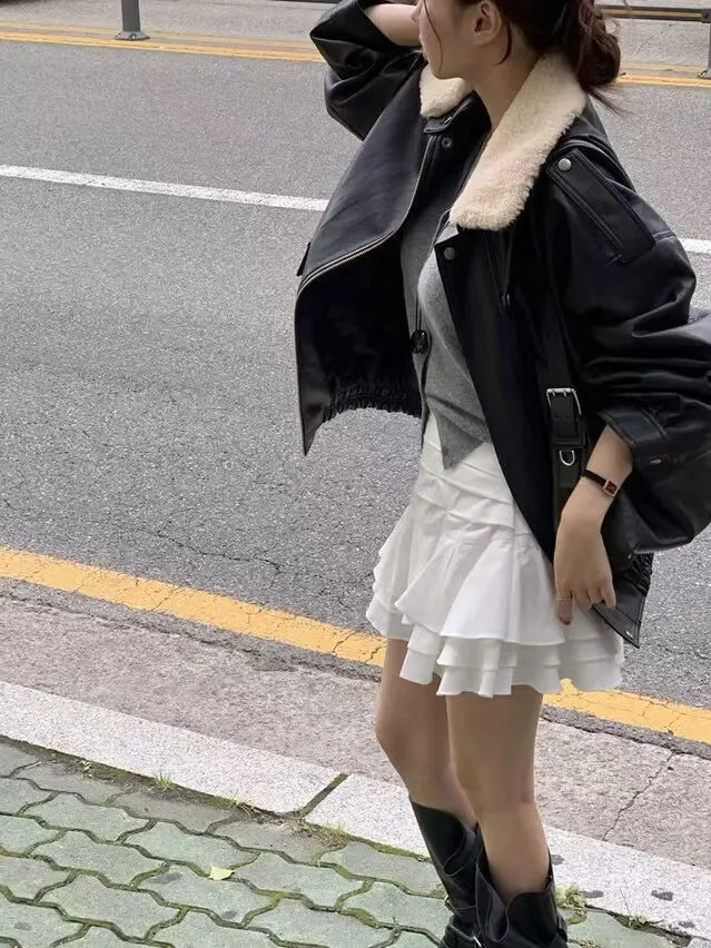 Hong Kong Sle Thiened Fce Lined PU Leather Jaet Women's Winter ort Biker Coat Fluffy ort Padded Motorcycle Jaet