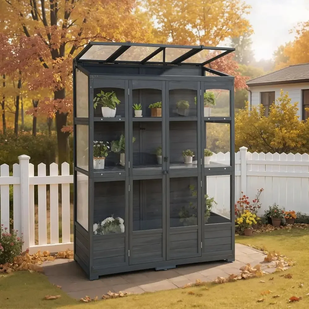 Outdoor Walk-in Greenhouse with Openable Roof and Lockable Door, Grey