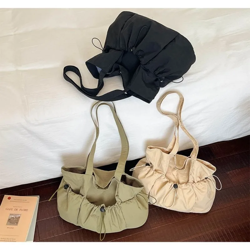 CEEKAY Solid Wrinkle Tragetasche mit Kordelzug, seitlicher elastischer Verschluss, breiter Stoffriemen, für Damen, Alltag, Schule, große lässige Schultertasche – Detail 3