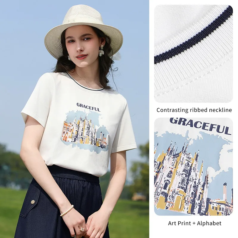 I BELIEVE YOU Casual Round Neck Short Sleeved T-Shirt For Women 2026 Summer New Oil Painting Printed Knitted Top 2262016339