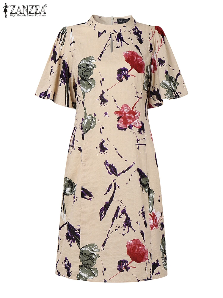 

ZANZEA Summer Party Sundress Vintage Print Mini Dress Women 2025 Fashion Short Sleeve Beach Vestidos Stand Collar Elegant Robe