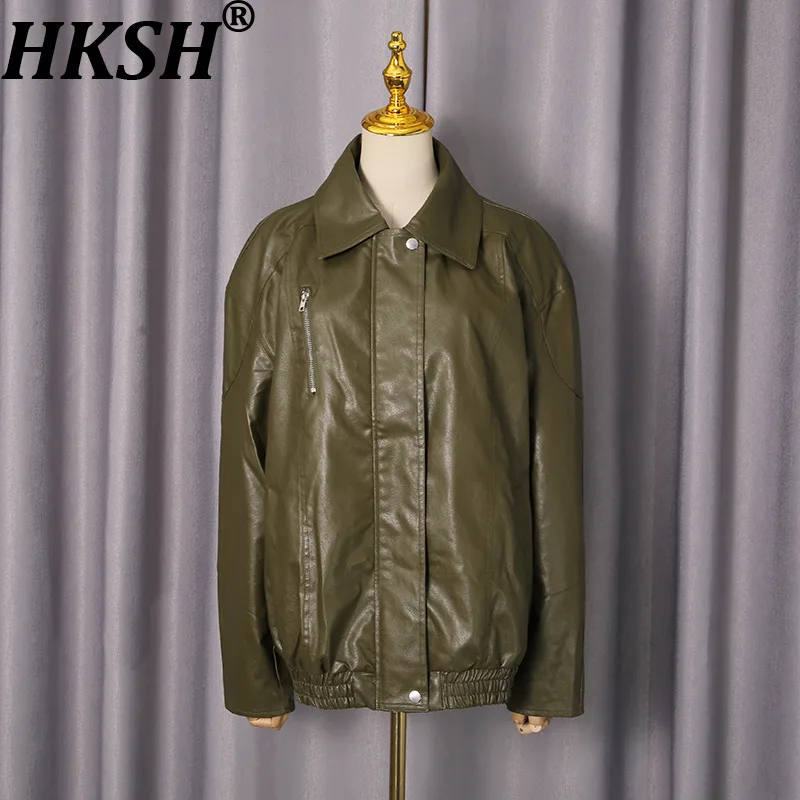 

HKSH Spring Autumn New Women's Jacket Pu Leather Turn-down Collar Zipper Versatile Retro Motorcycle Trend Coat Chic Tide HK16016