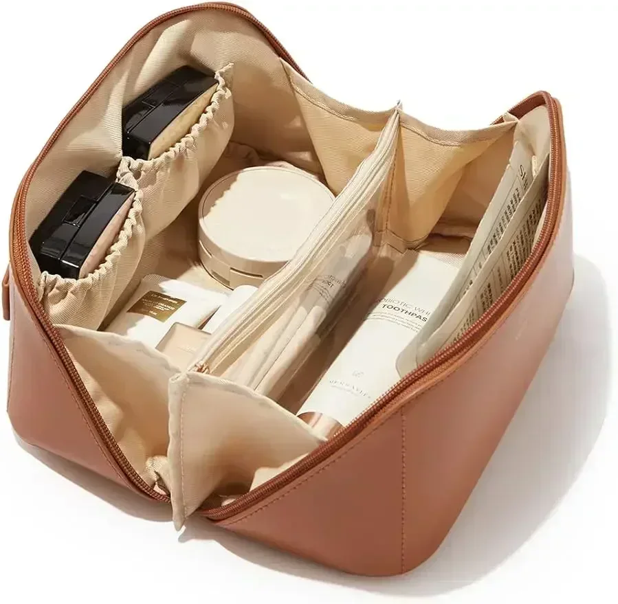 Elegant Waterproof Cosmetic Organizer: Roomy Travel Makeup Bag for Women, Flat-Lay Toiletry Case with Ample Storage