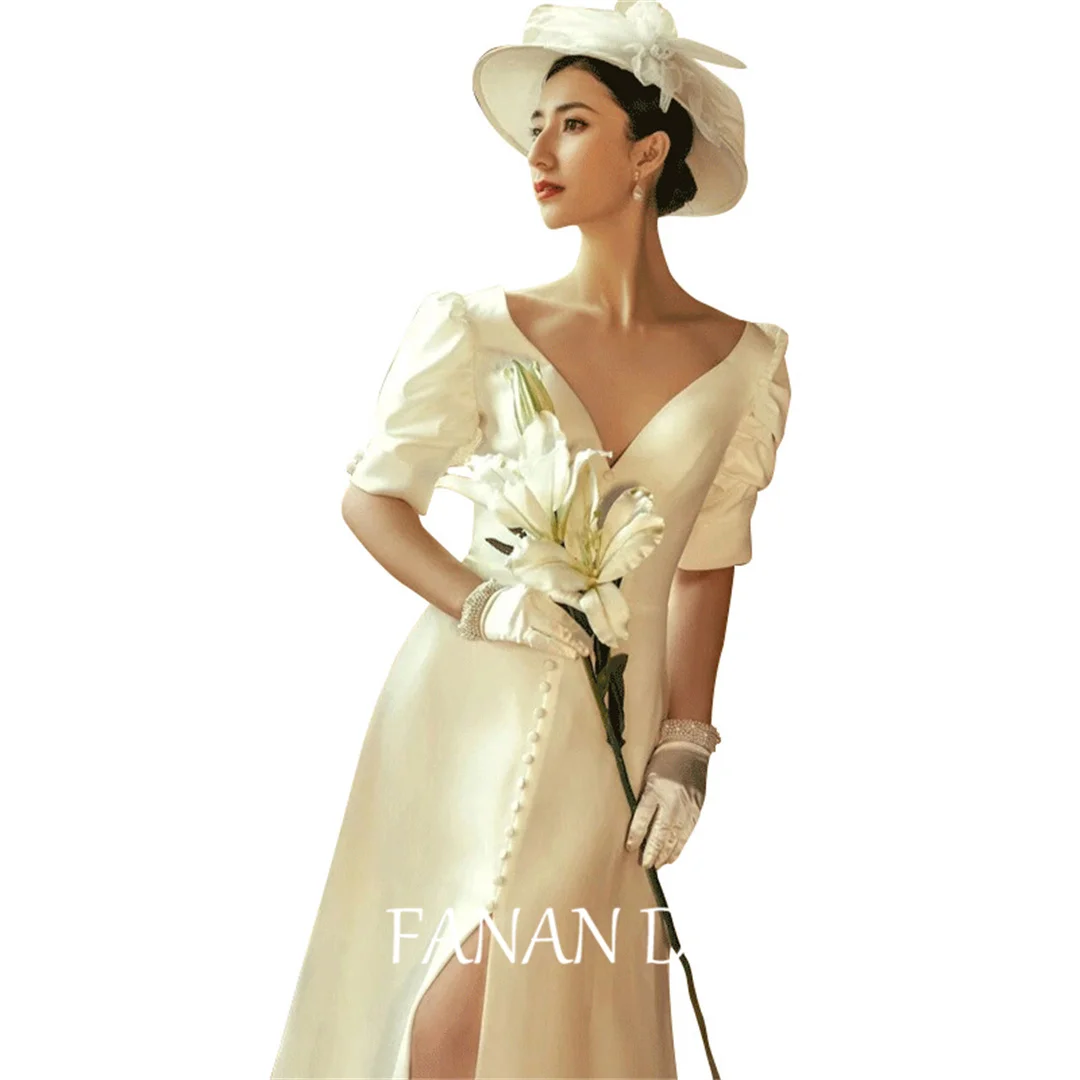 FANAN Korea A-Line V-Neck Wedding Dresses 웨딩드레스 Ivory Short Sleeves Elegant Satin Floor Length Custom Made Bride Gowns Plus Size