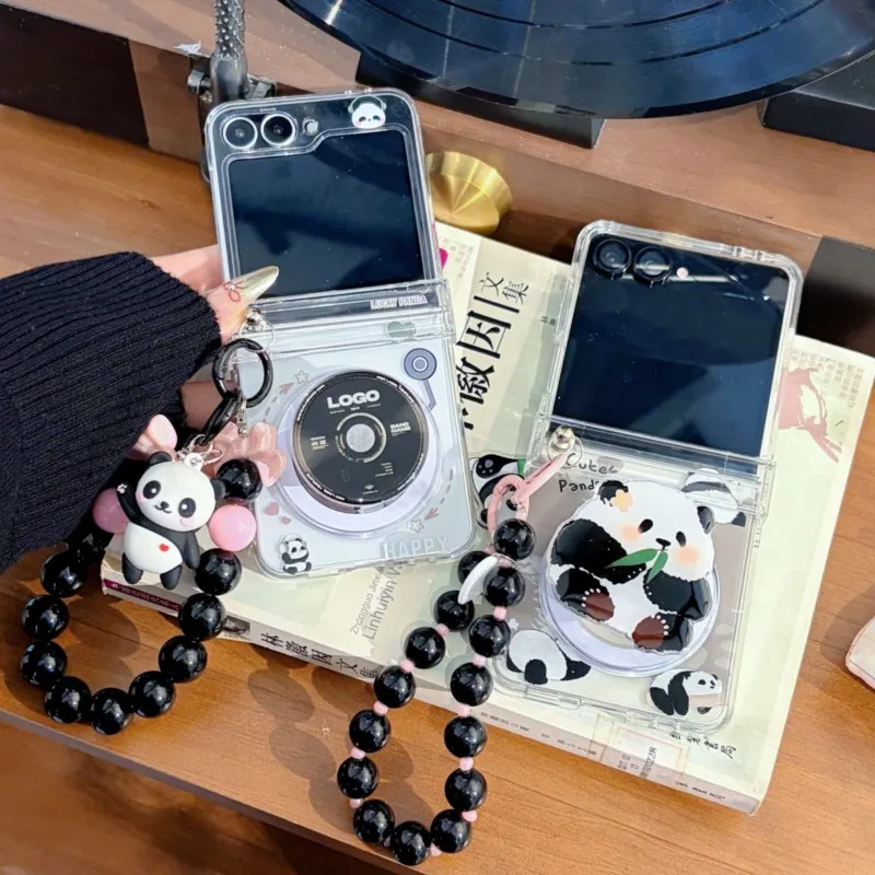 Korea Cute Panda For Magnetic Kickstand Phone Case with Charm Chain for Samsung Galaxy Z Flip 5 6 7 7FE Clear Protective Cover