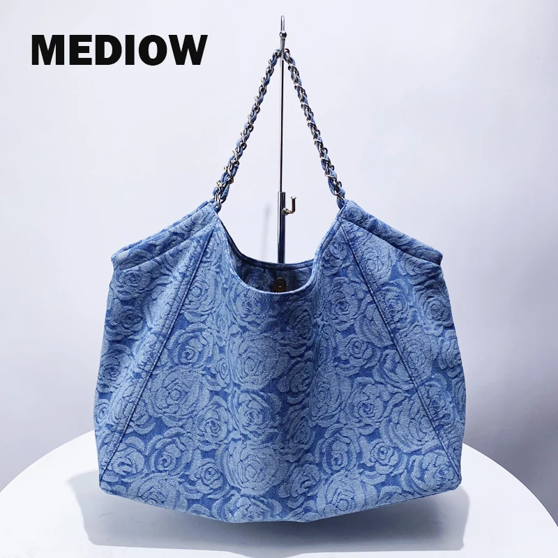 Mediow-女性用大容量トートバッグ,ラグジュアリー,デニム刺purse,花柄の内ポケット,ショルダーバッグ,デザイナー,新しいコレクション2024