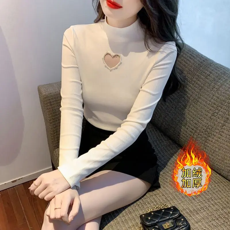 New Sweet Age Reducing Love Hollow Half High Neck T-shirt for Women Bottom Shirt Inner Top