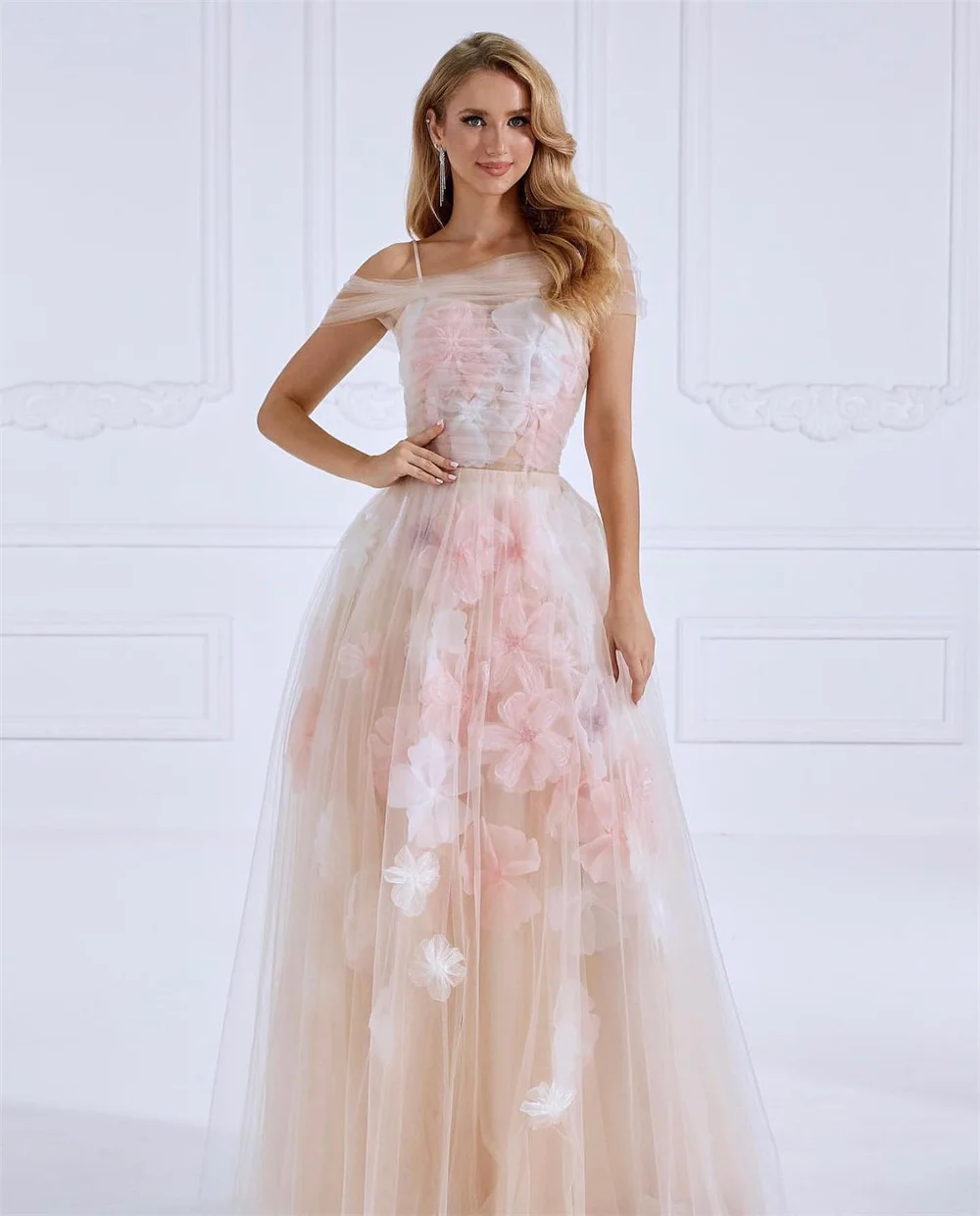 Intricate Exquisite Tulle Handmade Flower Pleat Draped A-line Off-the-shoulder Long Dresses Evening Dresses Modern Style Fashion
