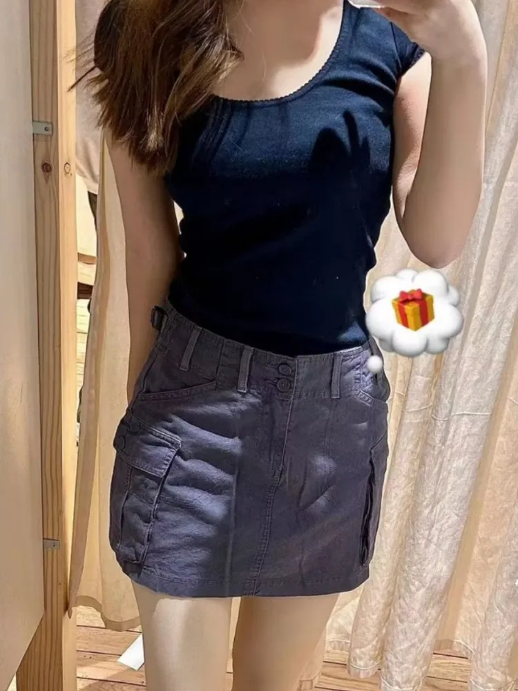 Casual Women Navy Mini Cargo Skirts 2023 Summer Vintage High Waist Solid Color Female Chic Bottoms