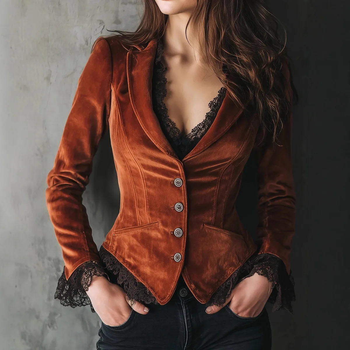 

2026 European and American Women's Western Style Shirt V-neck Autumn/Winter Velvet Patchwork Lace Full Shirt