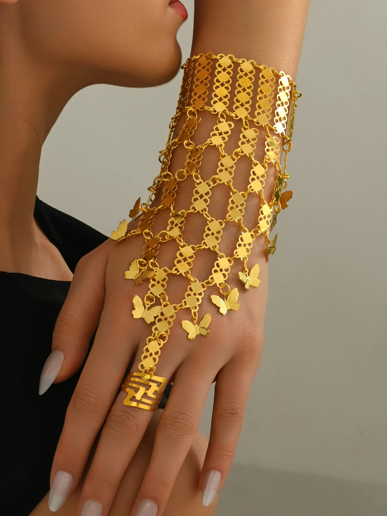 

Fashionable Handmade Metal Butterfly Linked Tassel Bracelet Heavy Work Arabic Luxury Suitable for Party Wear Unique Design