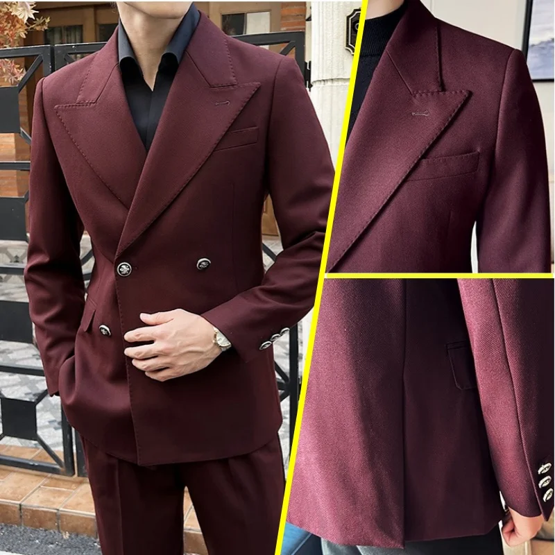 

British 2 Piece Men Wine Red Suits Double-breasted Stylish Business Casual Solid Blazer Party Prom Suit Jacket+Pants