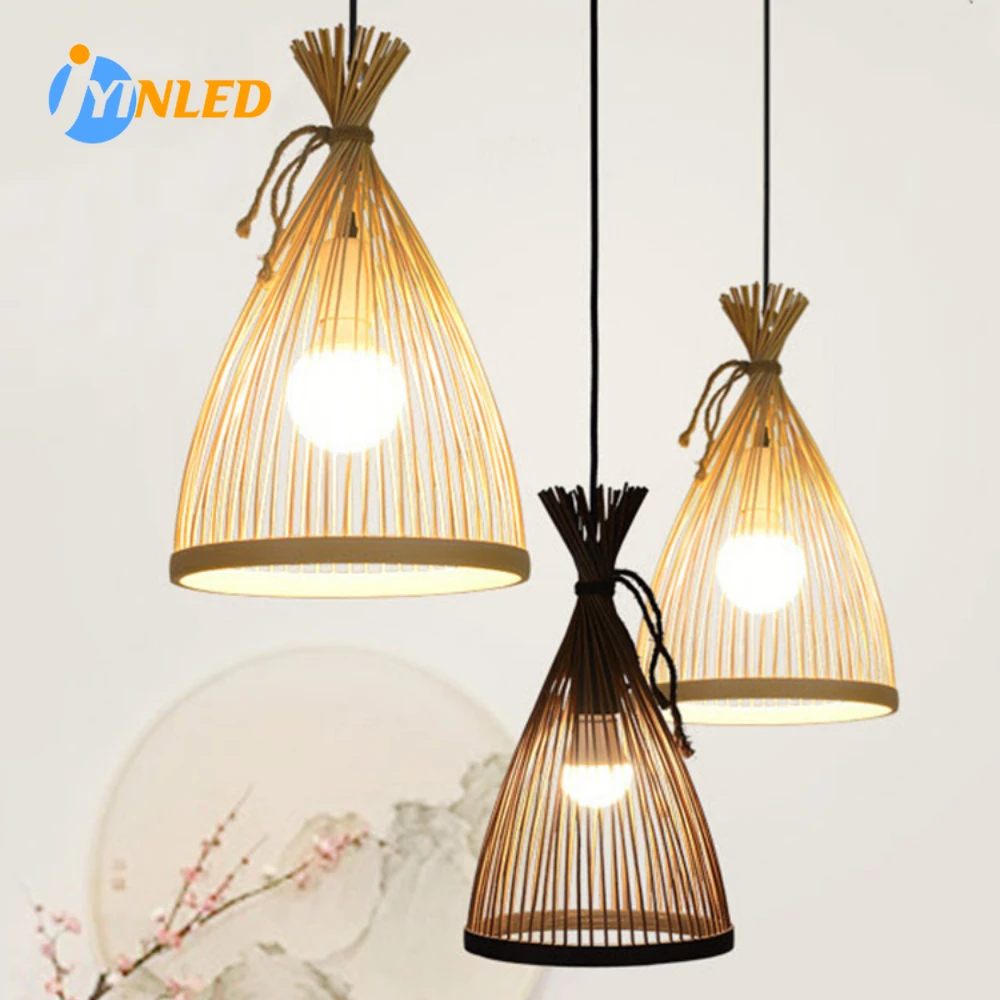 

Handmade Vintage Pendant Lamp Bamboo Restaurant Café Chandeliers Wood Base E27 Bulb Lighting Hotel Bedroom Interior Classical