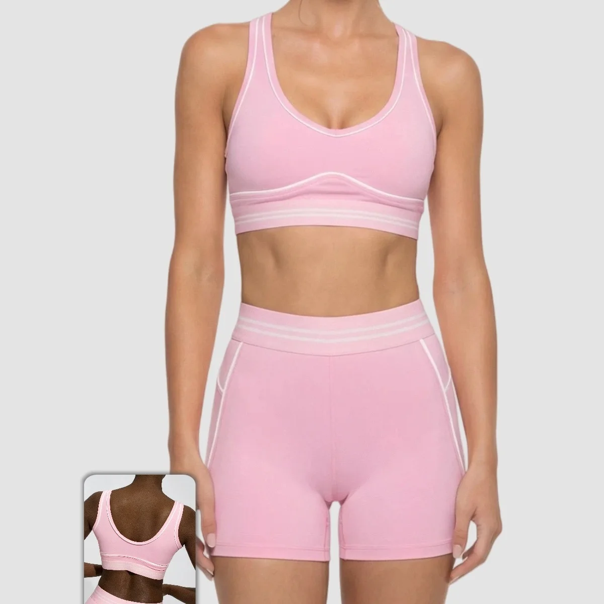 

SEEKSUC Women's Color-blocking White Striped Yoga Suit Buttery Soft U-shaped Back Bras Shorts Gym Pilates Outdoor Sport Set