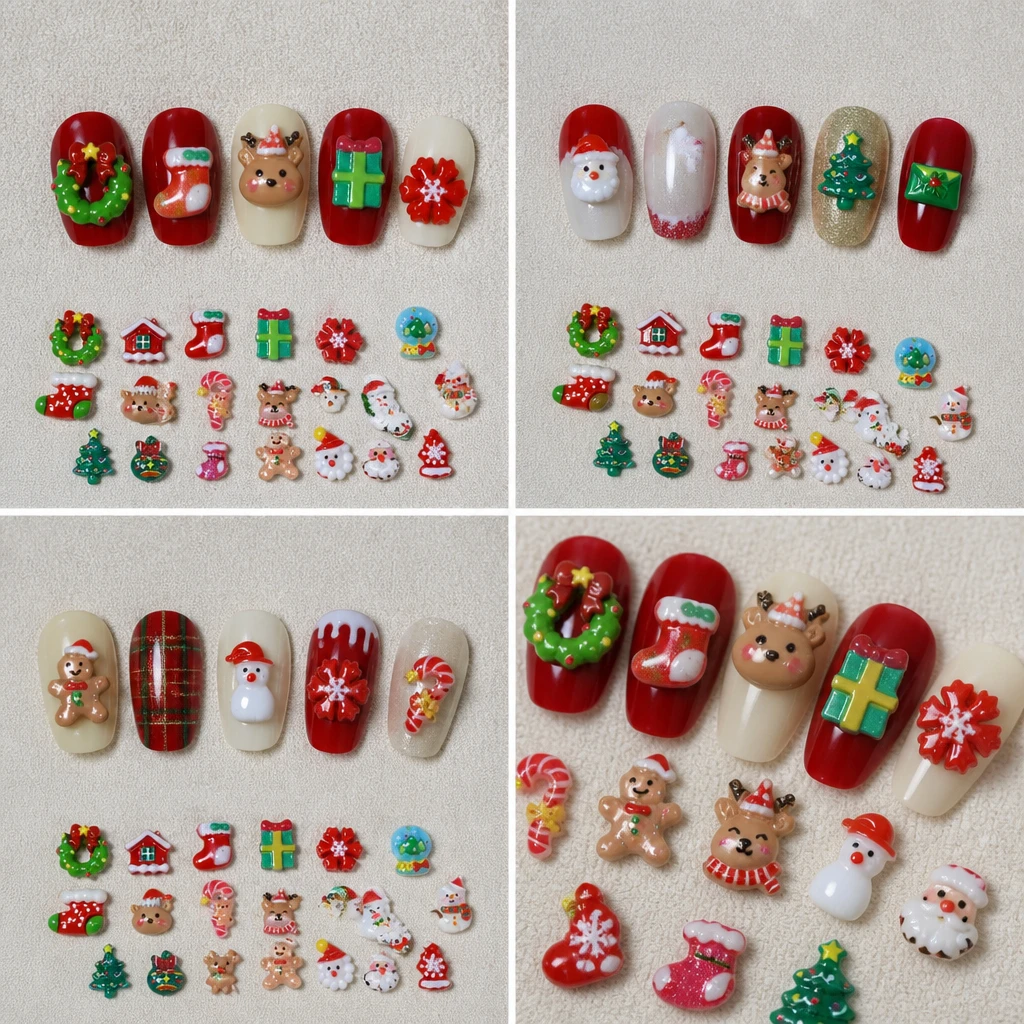 12/24Grids Christmas 3D Resin Tree Stocking Snowman Gingerbread Nail Charms 1-1.2cm Mix Xmas Tree Gift Stocking Nail Accessorie