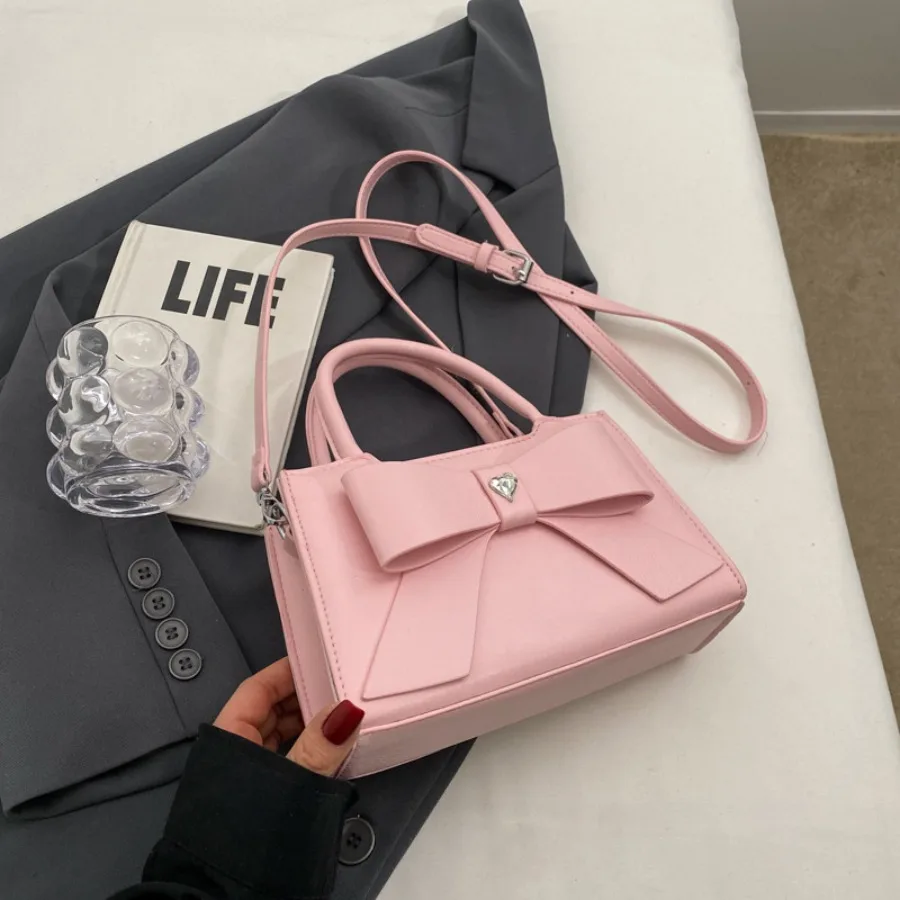 

New fashionable bow niche beautiful crossbody women's bag color-blocked small square bag versatile casual handheld bags