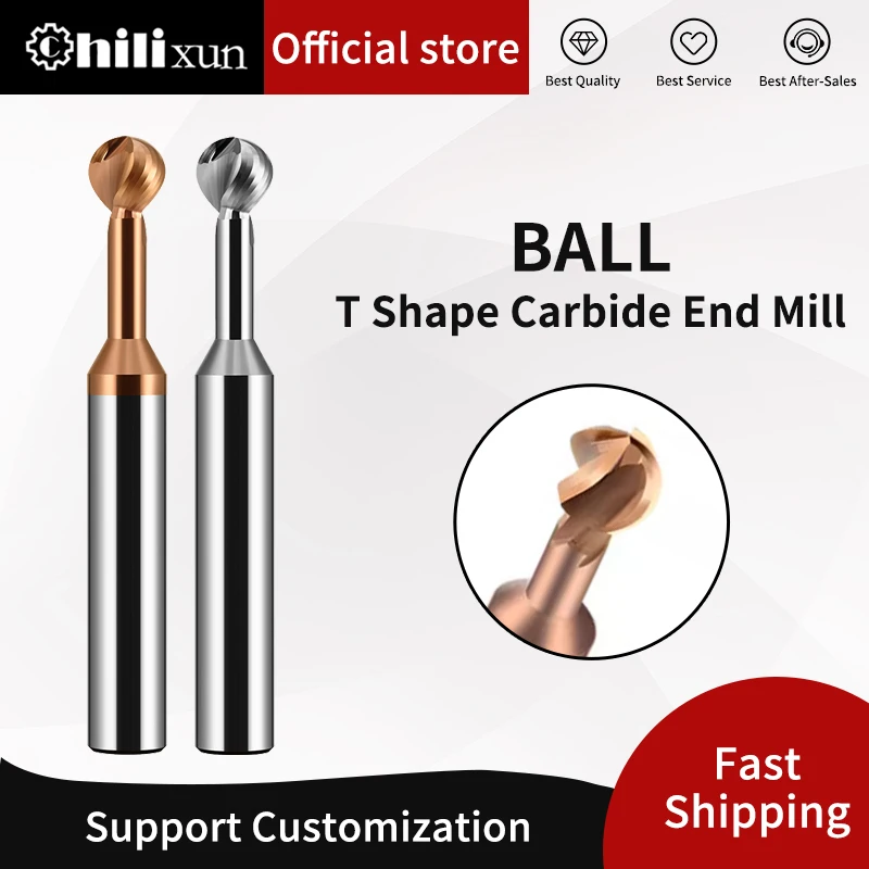 HILIXUN Solid Carbide Ball T Shape Cutter 3D End Mill Lollipop Ball End Mill R0.5-R10 Metal Steel Aluminum Copper Iron