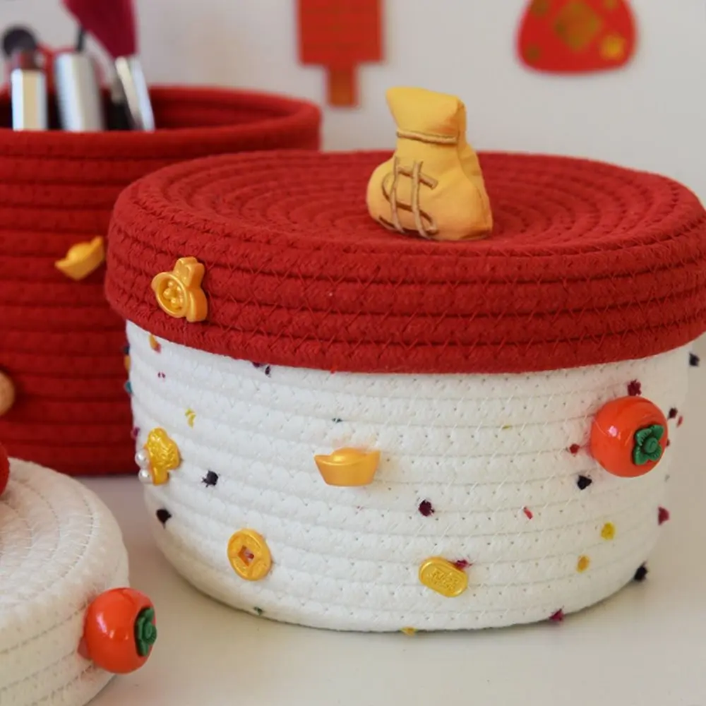 

Handmade New Year Storage Basket Decorative Cartoon Desktop Storage Box with Lid Blessing Sundries Organizer Desktop
