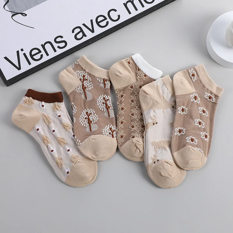 

5 Pairs Cotton Vintage Jacquard Flowers Women Kaki Short Socks Harajuku Kawaii Cute Skarpetkie Damski Floral Girls Ankle Sox