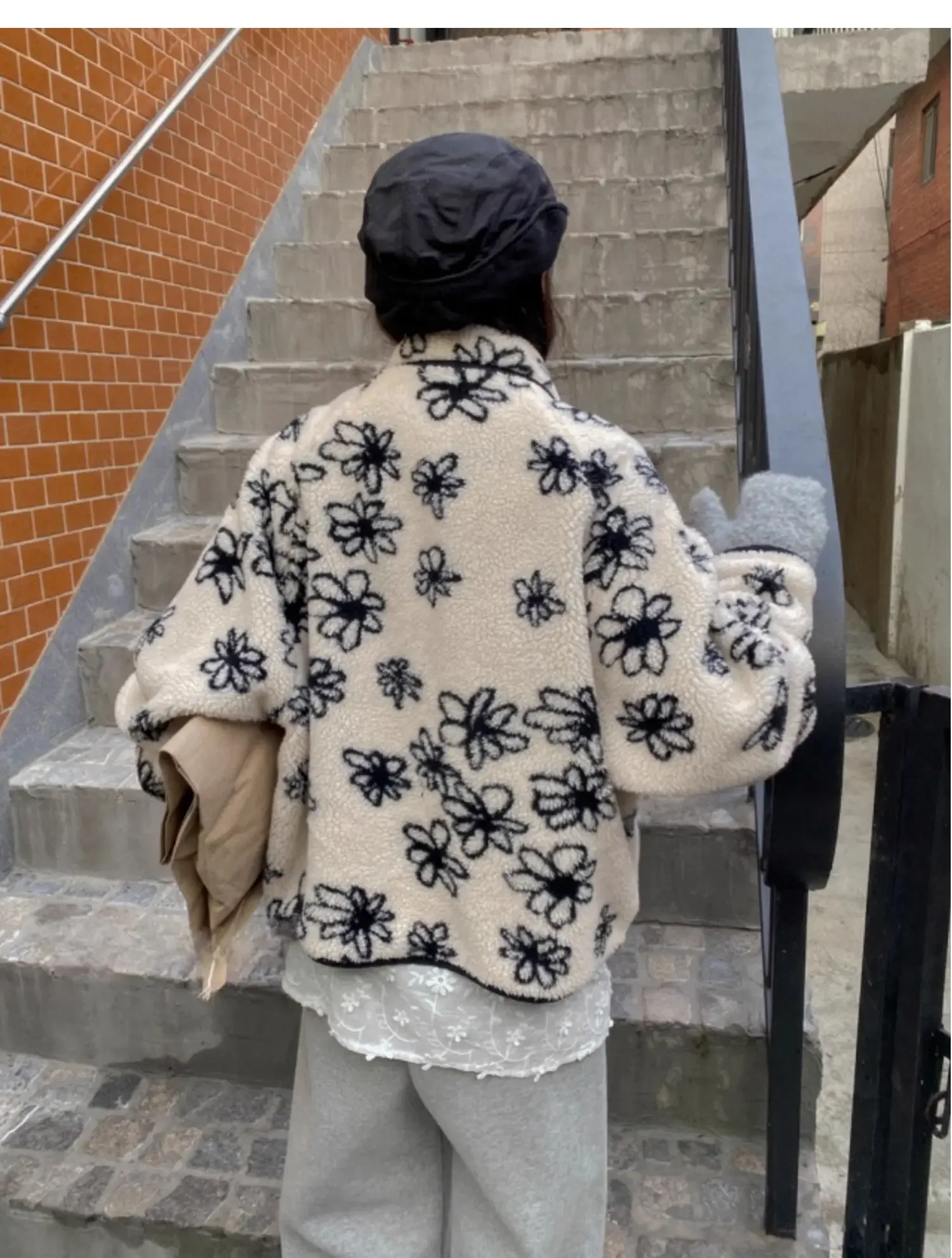 KUSAHIKI Street Korean Winter Double-sided Wearable Flowers Retro Lamb Wool Parka Jacket