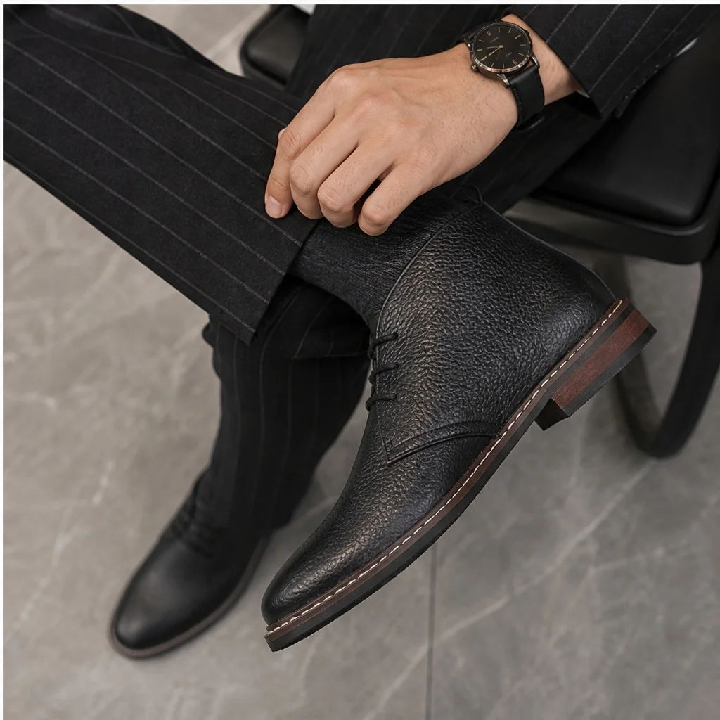 Herrenstiefel aus echtem Rindsleder, knöchelhohe Stiefel für Herren, schicke, lässige Herrenstiefel mit zwei Ösen zum Schnüren. – Detail 4