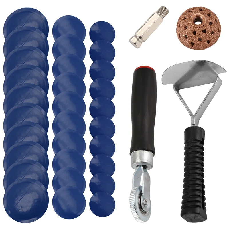 AC23-Tire Patch Roller Kit, Tire Patch Roller/Tire Repair Buffing Wheel/Tire Inner Liner Scraper/ 30PCS Patches(32/ 42/ 58Mm)