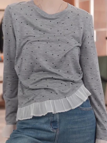 

Женская футболка Ele с кружевной отделкой Long Sve, тонкий шелковый материал, однотонная, осень 2023, Новое поступление