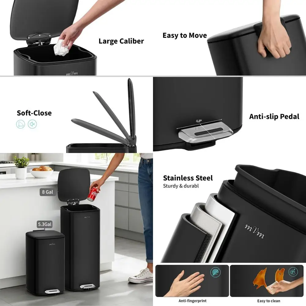 

8-Gallon Tall Kitchen Step Trash Can with Smooth Square Lid in Black