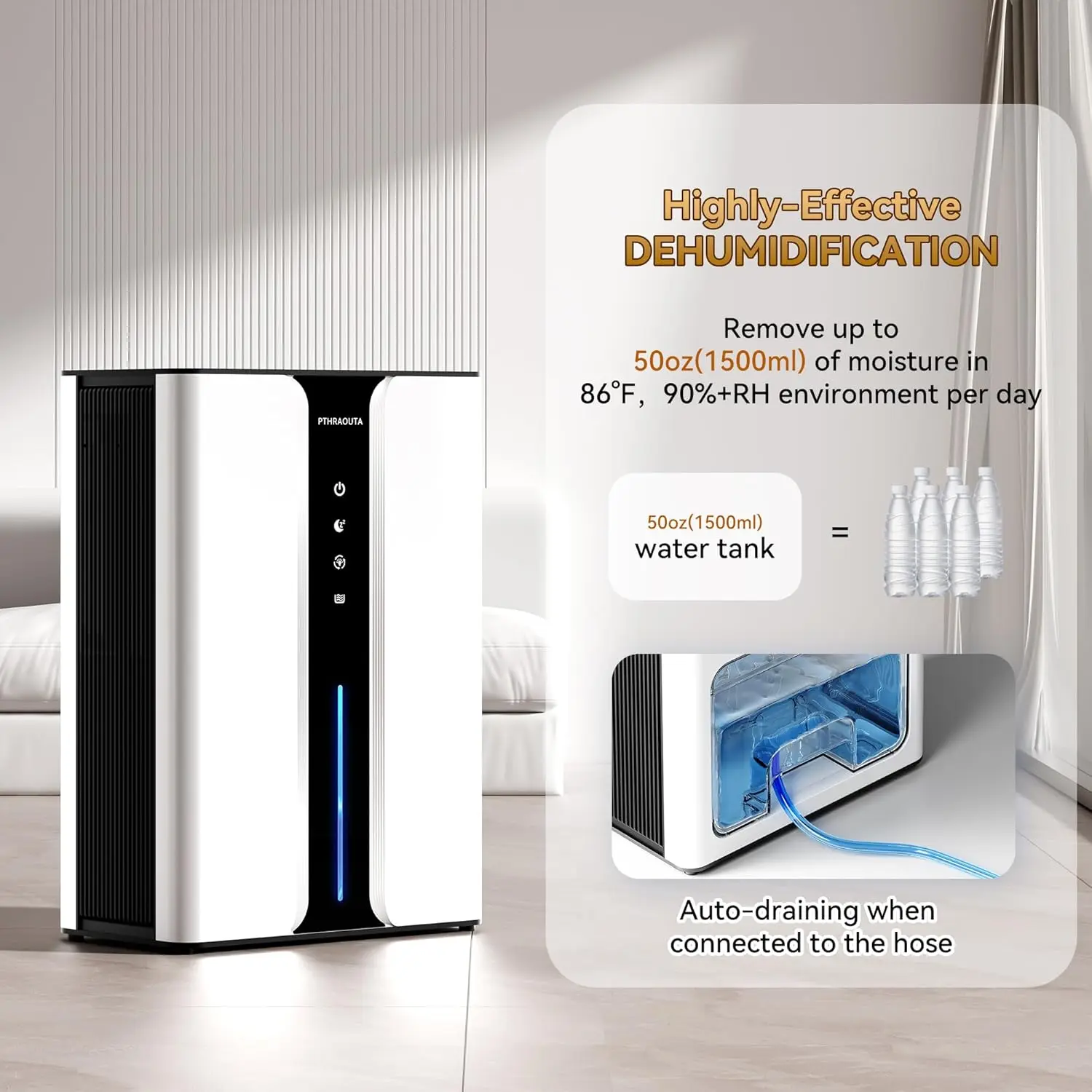 Quiet dehumidifier for Bedroom Bathroom with Drain Hose, with Air Reusable Filter Indoor Deh