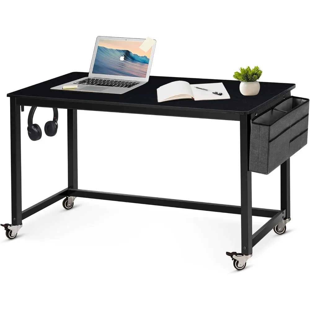 

55" Rolling Computer Desk with 4 Smooth Wheels, Simple Style Mobile Writing Desk Home Office Study Table Movable Workstation wi