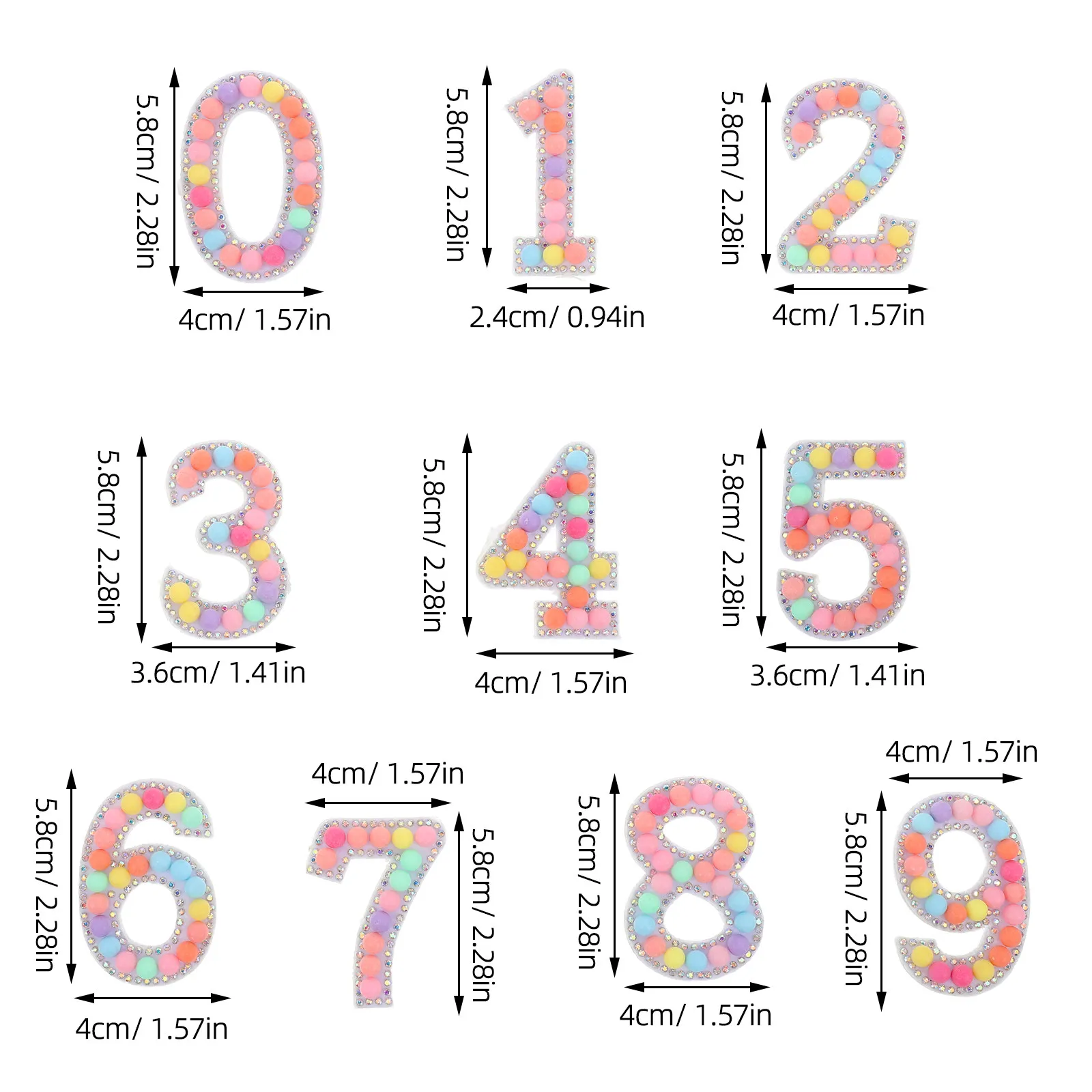 10Pcs Rhinestone Iron on Number Patches Multi-Colored Pearl Embroidered Numeric Applique 0-9 for DIY Clothing Jackets Bags Hats