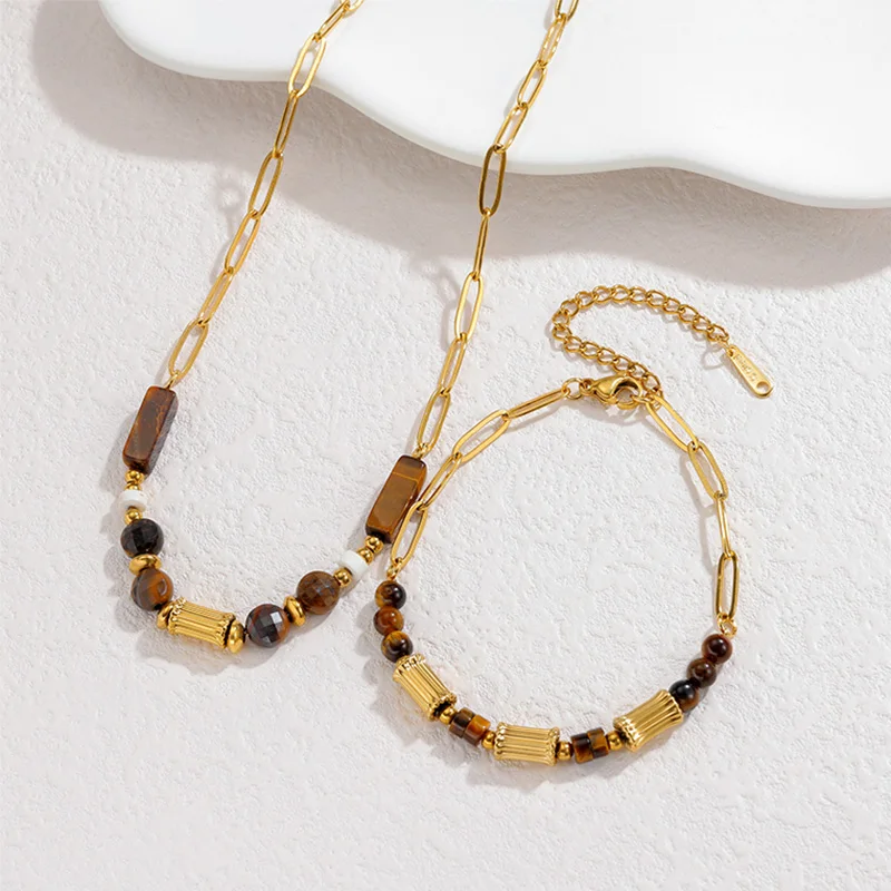 Letdiffery Retro Tiger Eyes Stone Pendant Necklace Bracelet Stainless Steel Boho Square Beads Chain Choker Jewelry Set Gifts