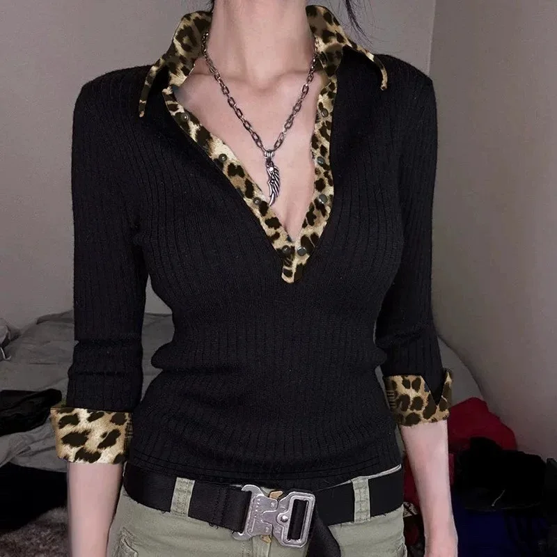 

American Spice Girl Leopard print splicing V-neck long-sleeved T-shirt women's new slim-fit bottoming shirt top