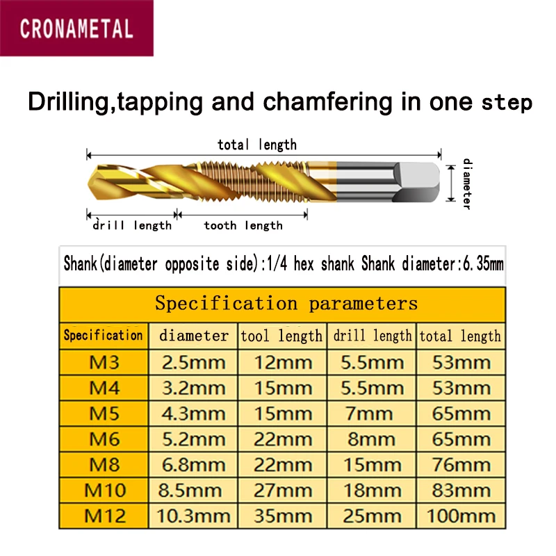 Cronametal 1Pcs Titanium Gecoate Zeskantige Schachtboor Hss Metrische Schroefdraad Bit Afschuining Samengestelde Kraan Voor Metaalstaal