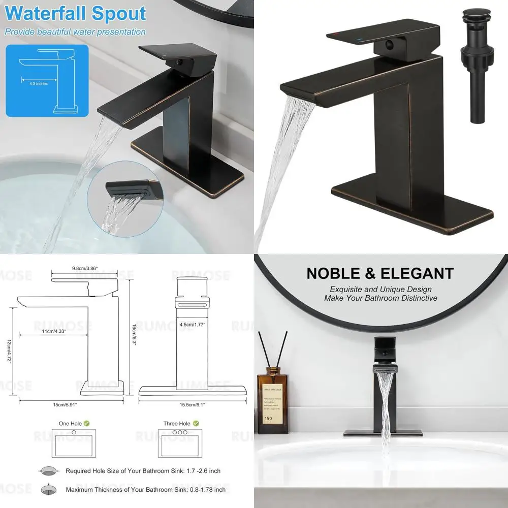 

Single Handle Oil Rubbed Bronze Bathroom Faucet Set with Pop-Up Drain and 3-Hole Waterfall Spout Vanity Kit