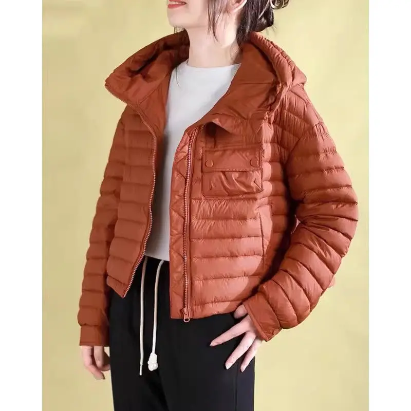 Hooded Zippered Short Down Cotton Coat Loose Women\'s Striped Solid Color Raglan Sleeves Casual Warm Jacket Outerwear Z3632