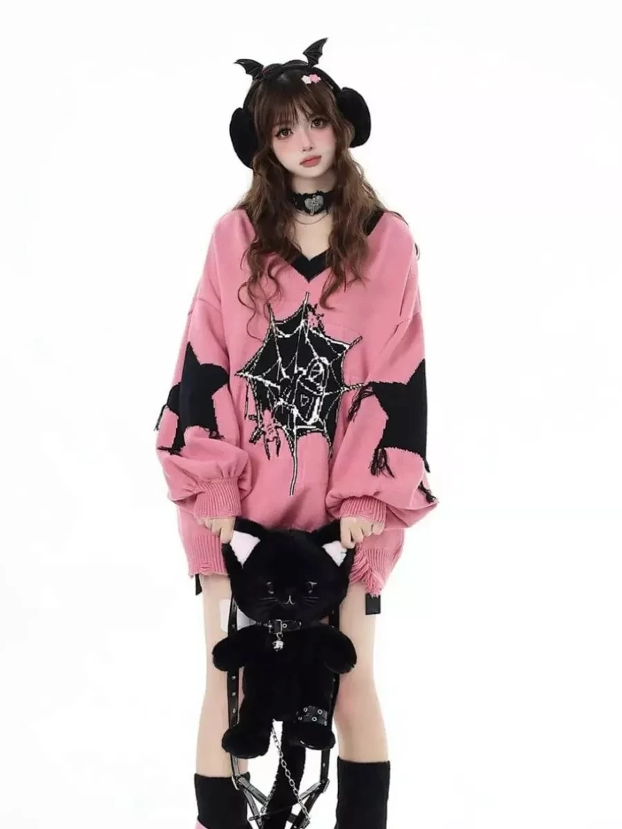 Women's Y2K Trendy Tears Outer Coat Oversized Sweater Women's Fashion Spider Web Star Printed Pink V Neck Loose Sweater