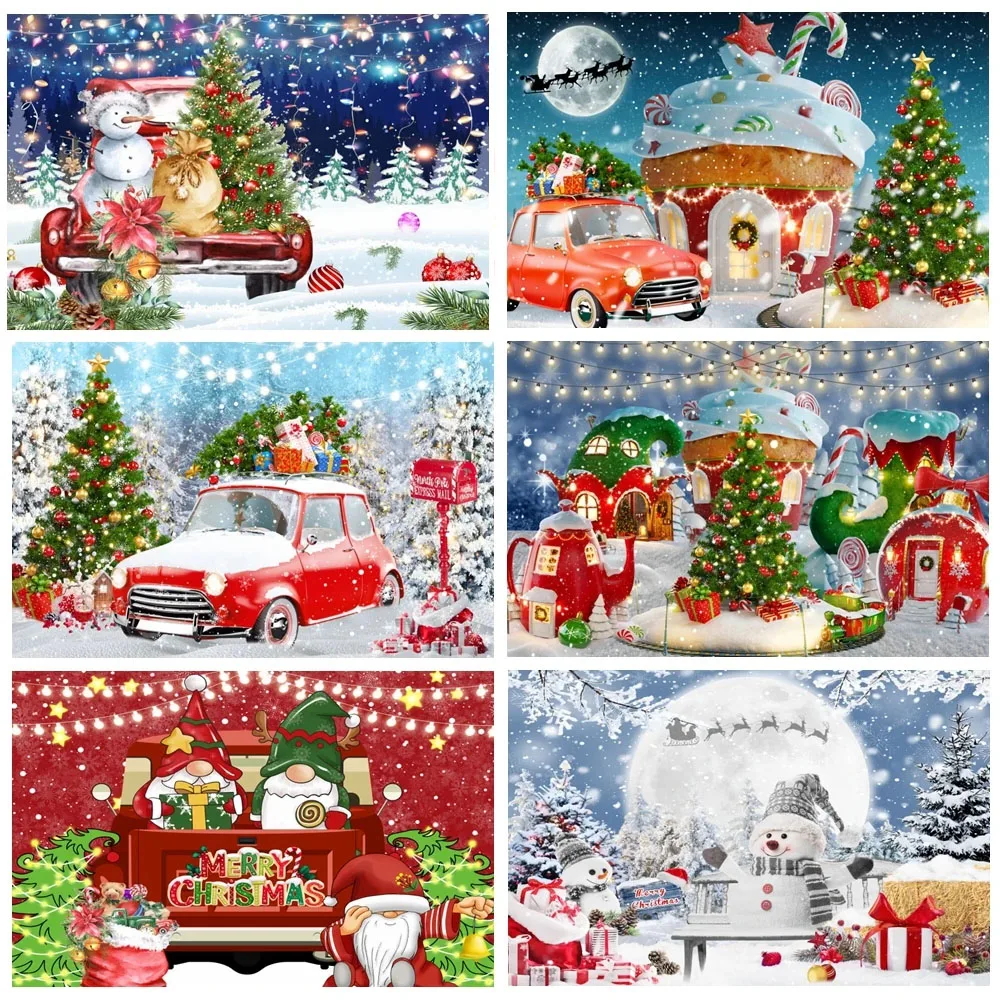 

Christmas Vintage Red Truck Party Backdrop Winter Snowy Snowflake Glitter Xmas Tree Family Kids Portraits Photography Background
