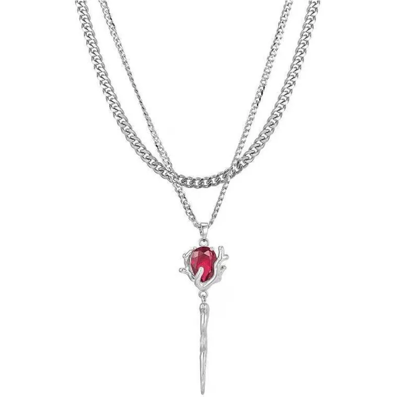 Double Layer Red Zircon Rose Pendant Necklaces Y2K Layered Flower Stone Chain Necklace Irregular Floral Aesthetic Jewelry Gifts