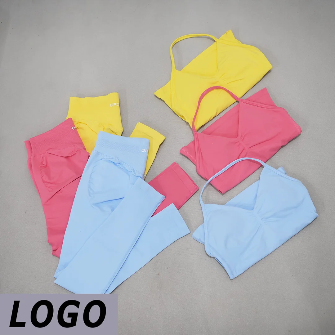 DF-logo Women's Two-Piece Seamless Sports Suit V-Neck Vest yoga Short High Waisted Lifting Buttocks Leggings Breathable Running