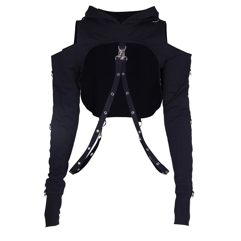 Women Streetwear Gothic Sexy Hollow Out Black Hoodies Harajuku Punk Long Sleeve Crop Hoodies Women Hip Hop Belt Autumn Hoodies