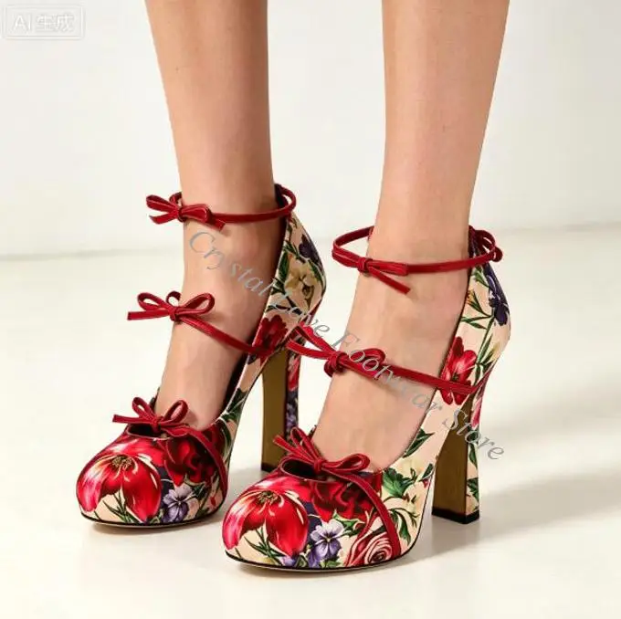 Beauty Red Floral Leafs Silk High Heels Three Bowtie Pumps Flower Butterfly Thin Straps Bridal Banquet Shoes Woman