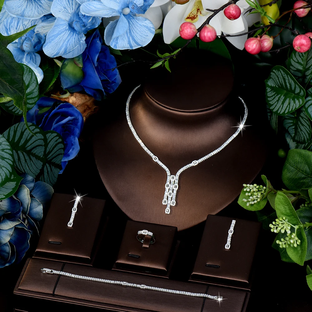 

HIBRIDE High Quality Vintage Sparkle Pendant Necklace Earrings 4 Piece Set Light Luxury Jewelry Party Travel Host Wedding S-825