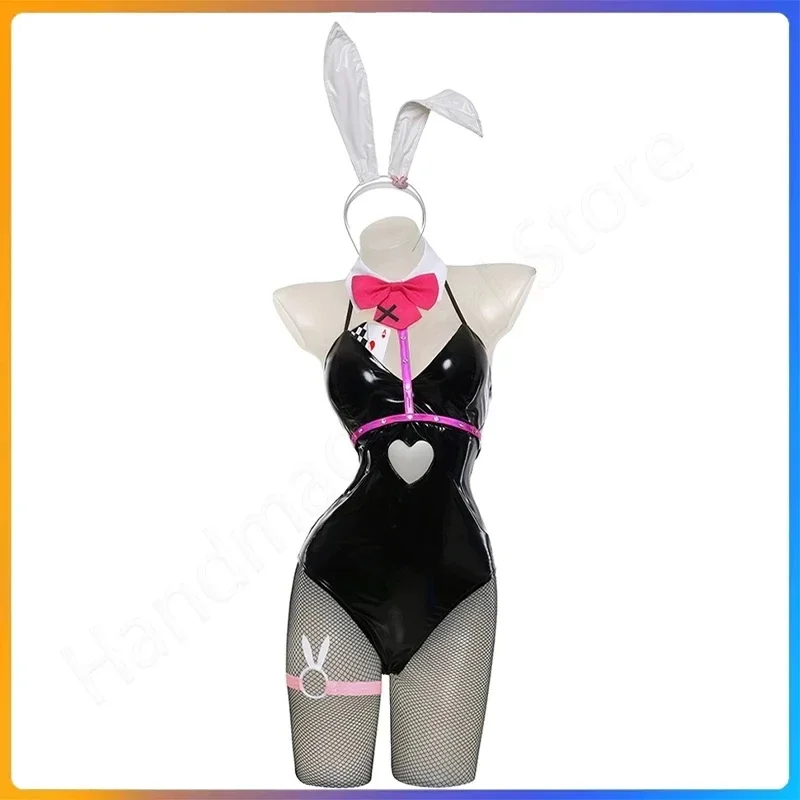 Miku-Disfraz de conejito de cuero negro con agujeros para niña, traje de cosplay de Halloween, tocados, ropa, lámparas, peluca, lindo, sexy