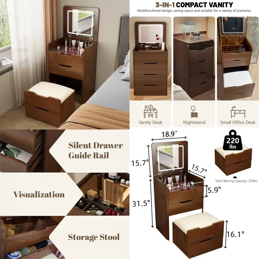 compact 3-drawer vanity desk with flip-top illuminated mirror and cushioned seat